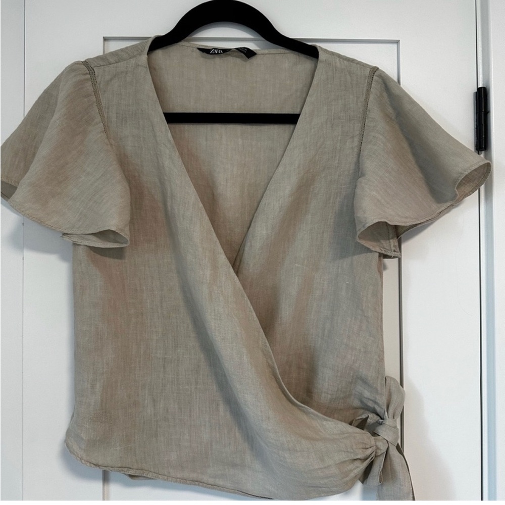 Zara Light Olive Wrap Blouse with Flutter Sleeves